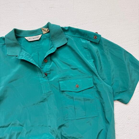 Vintage 80s Neil Martin Teal Nylon-Feel Short Sleeve Blouse Size 8 - Picture 2 of 5